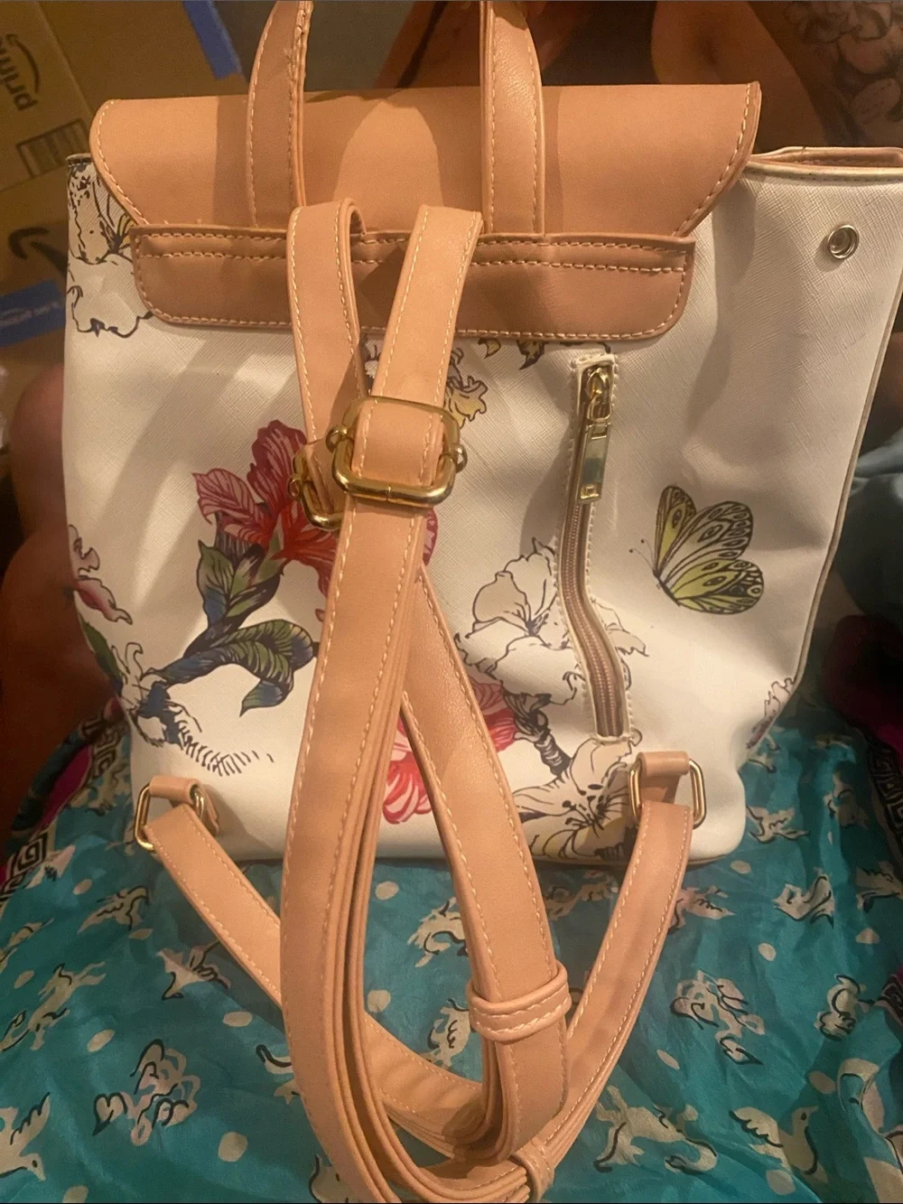 Floral Print Backpack with Tan Leather Trim
